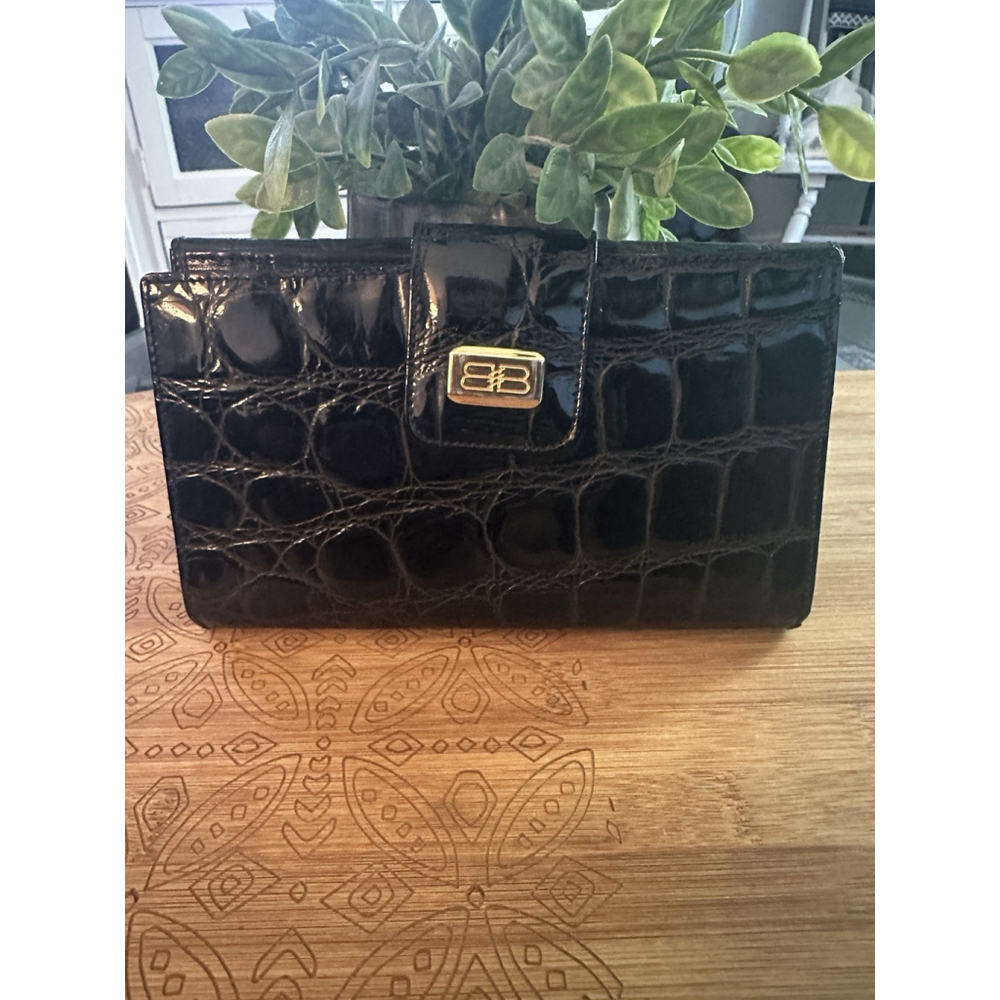 Vintage Balenciaga 1980s Signature Croc Embossed Black Leather Wallet Clutch Lg